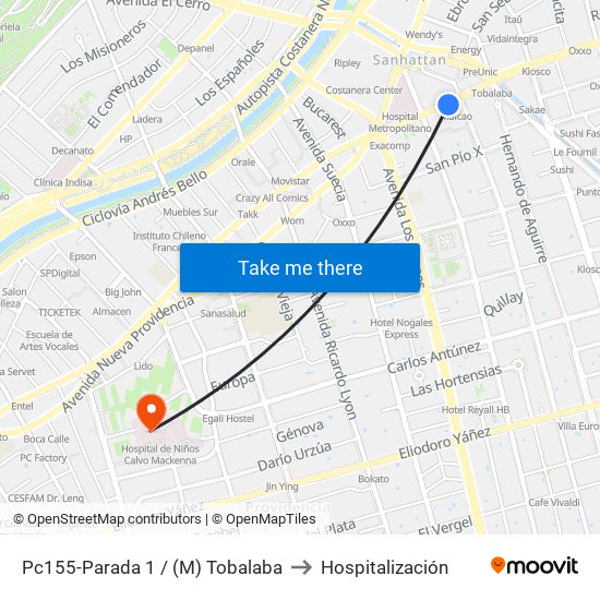 Pc155-Parada 1 / (M) Tobalaba to Hospitalización map