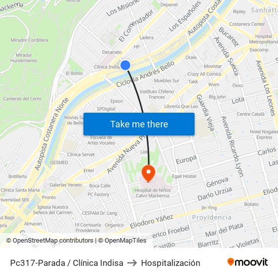 Pc317-Parada / Clínica Indisa to Hospitalización map