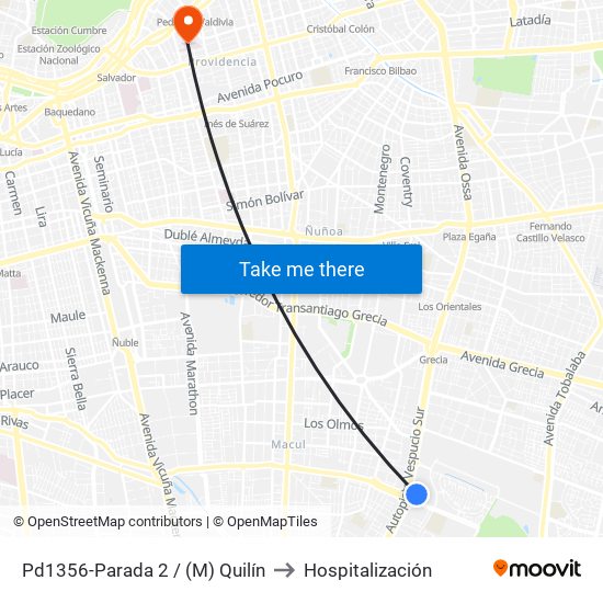 Pd1356-Parada 2 / (M) Quilín to Hospitalización map