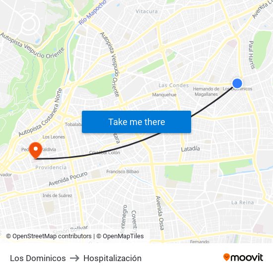Los Dominicos to Hospitalización map