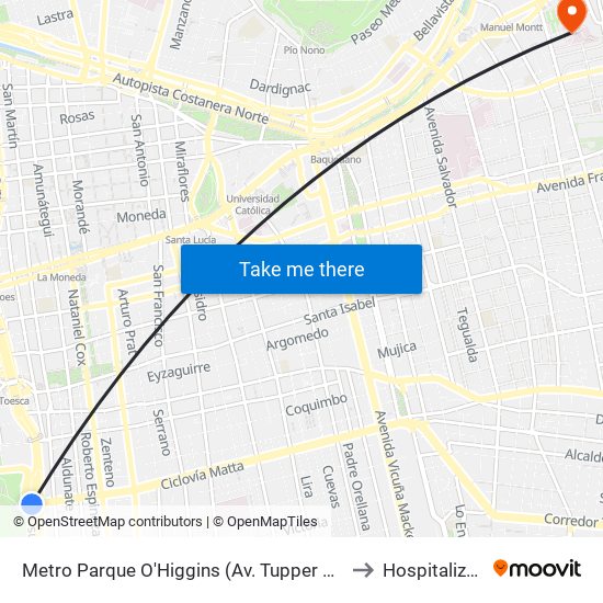 Metro Parque O'Higgins (Av. Tupper Esq. Av. Viel) to Hospitalización map