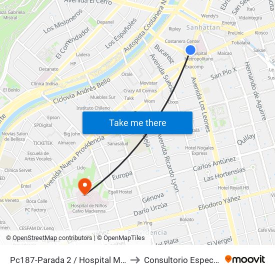 Pc187-Parada 2 / Hospital Metropolitano to Consultorio Especialidades map