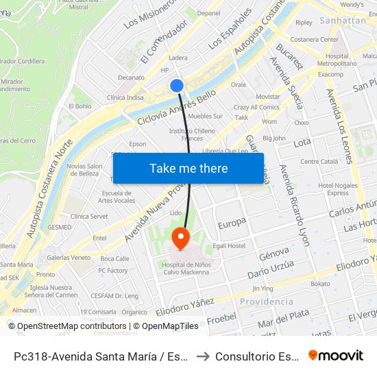 Pc318-Avenida Santa María / Esq. Av. Pedro De Valdivia to Consultorio Especialidades map