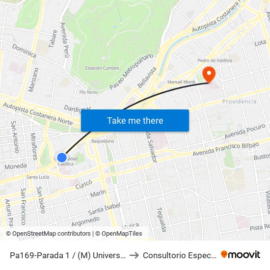 Pa169-Parada 1 / (M) Universidad Católica to Consultorio Especialidades map