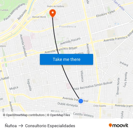 Ñuñoa to Consultorio Especialidades map