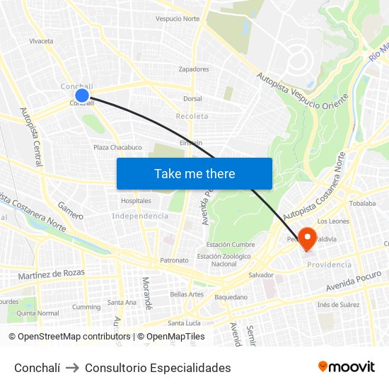 Conchalí to Consultorio Especialidades map