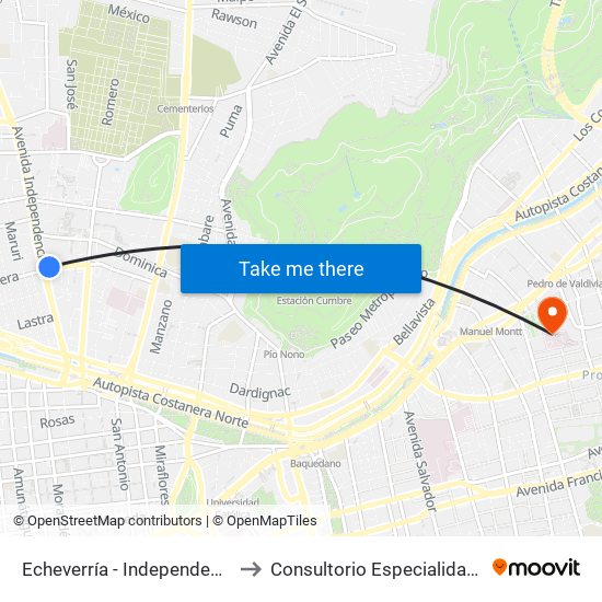Echeverría - Independencia to Consultorio Especialidades map