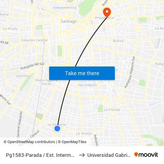 Pg1583-Parada / Est. Intermodal La Cisterna to Universidad Gabriela Mistral map