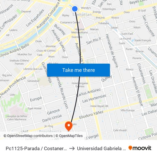 Pc1125-Parada / Costanera Center to Universidad Gabriela Mistral map