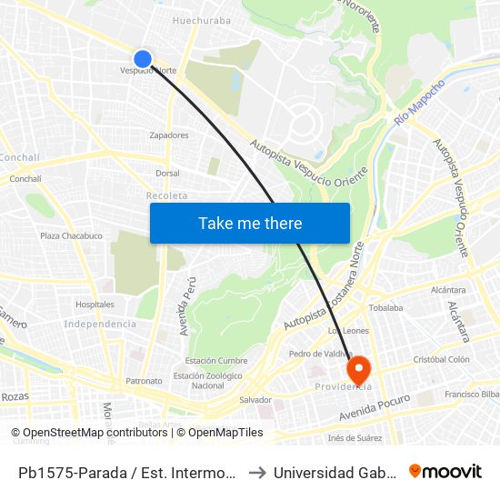 Pb1575-Parada / Est. Intermodal Vespucio Norte to Universidad Gabriela Mistral map