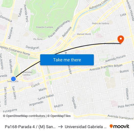 Pa168-Parada 4 / (M) Santa Lucía to Universidad Gabriela Mistral map