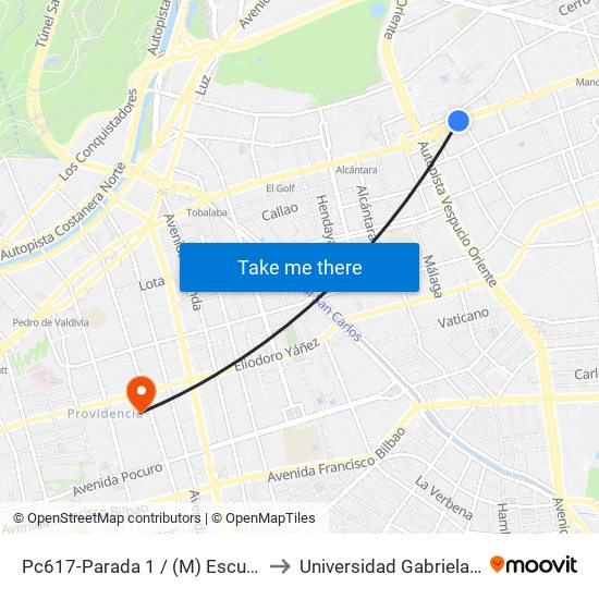 Pc617-Parada 1 / (M) Escuela Militar to Universidad Gabriela Mistral map