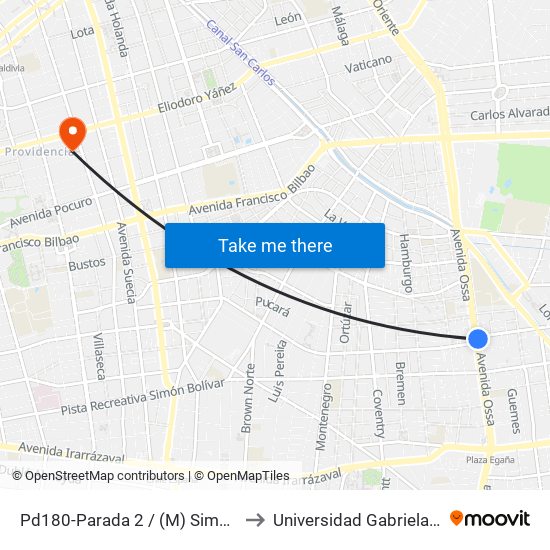 Pd180-Parada 2 / (M) Simón Bolívar to Universidad Gabriela Mistral map