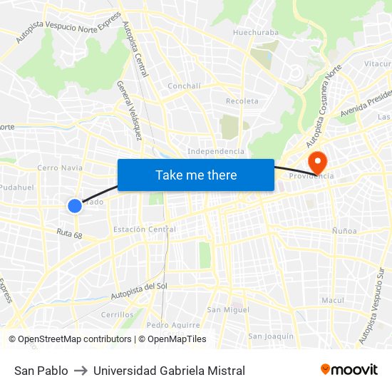 San Pablo to Universidad Gabriela Mistral map