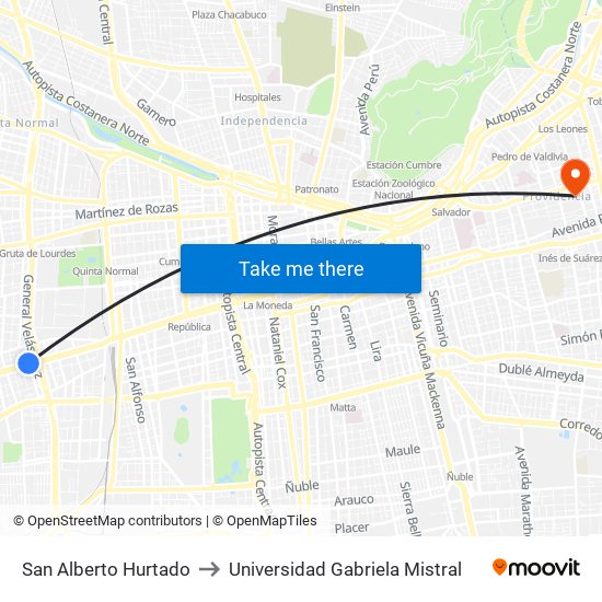 San Alberto Hurtado to Universidad Gabriela Mistral map