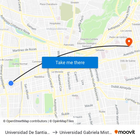 Universidad De Santiago to Universidad Gabriela Mistral map