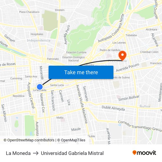 La Moneda to Universidad Gabriela Mistral map