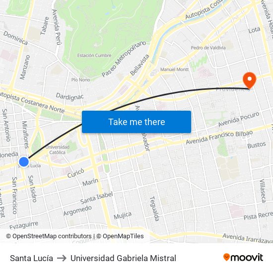 Santa Lucía to Universidad Gabriela Mistral map