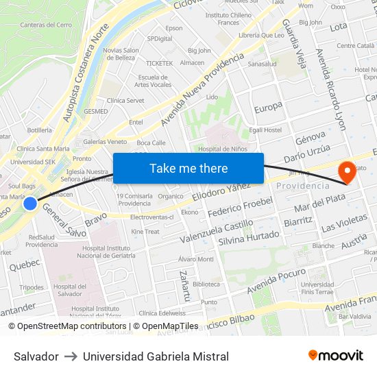 Salvador to Universidad Gabriela Mistral map