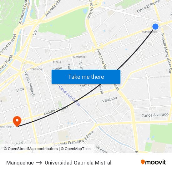 Manquehue to Universidad Gabriela Mistral map