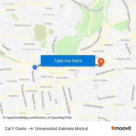 Cal Y Canto to Universidad Gabriela Mistral map