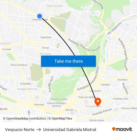 Vespucio Norte to Universidad Gabriela Mistral map