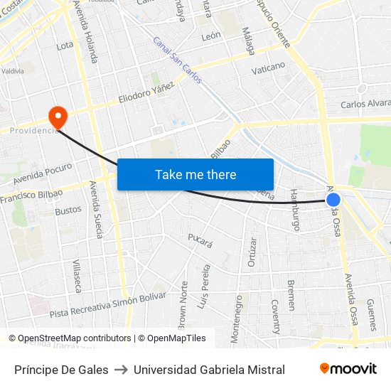 Príncipe De Gales to Universidad Gabriela Mistral map