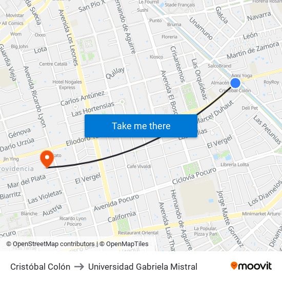 Cristóbal Colón to Universidad Gabriela Mistral map