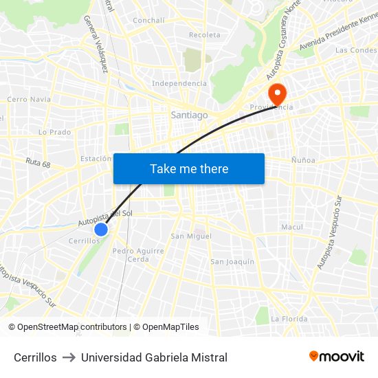 Cerrillos to Universidad Gabriela Mistral map