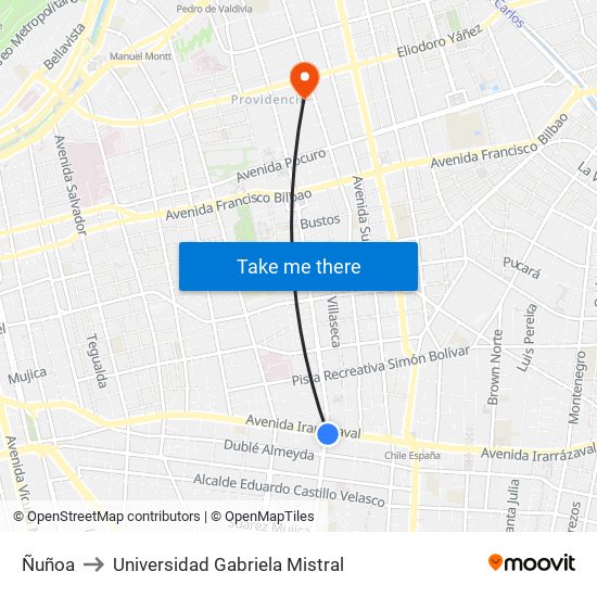 Ñuñoa to Universidad Gabriela Mistral map