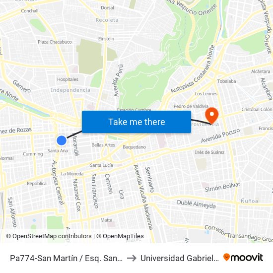 Pa774-San Martín / Esq. Santo Domingo to Universidad Gabriela Mistral map