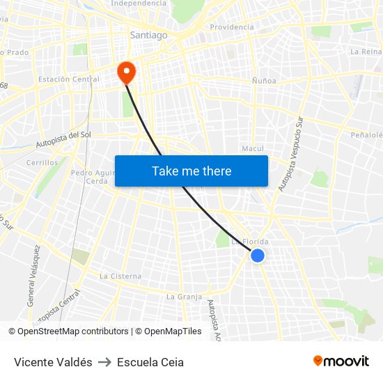 Vicente Valdés to Escuela Ceia map