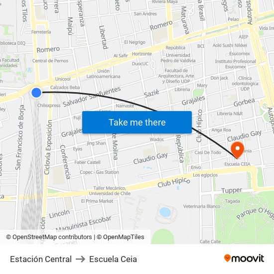 Estación Central to Escuela Ceia map