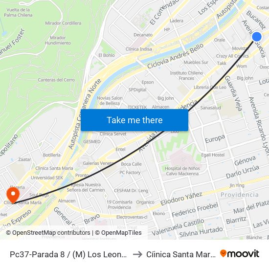 Pc37-Parada 8 / (M) Los Leones to Cíinica Santa María map