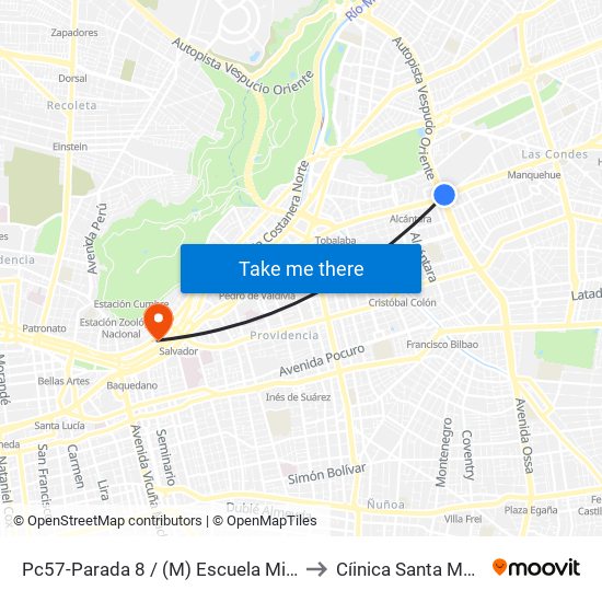 Pc57-Parada 8 / (M) Escuela Militar to Cíinica Santa María map