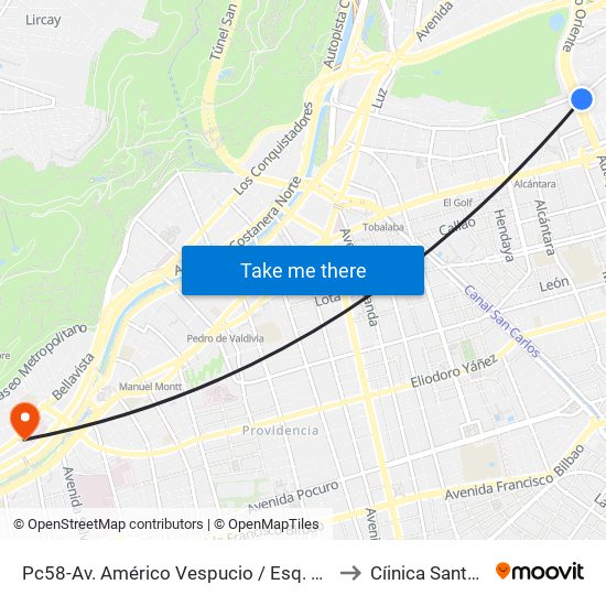 Pc58-Av. Américo Vespucio / Esq. Av. Pdte. Riesco to Cíinica Santa María map