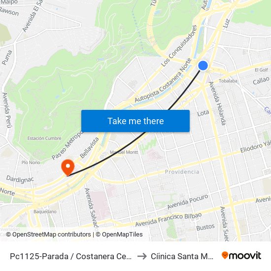 Pc1125-Parada / Costanera Center to Cíinica Santa María map