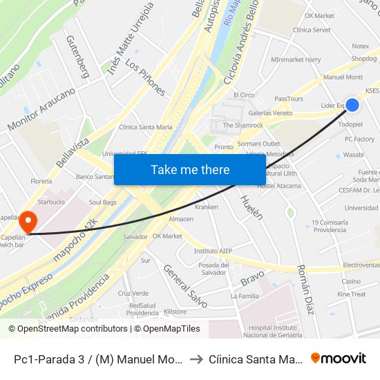 Pc1-Parada 3 / (M) Manuel Montt to Cíinica Santa María map