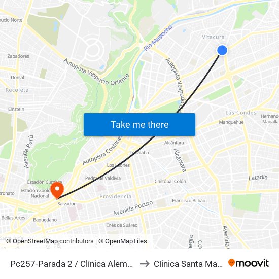 Pc257-Parada 2 / Clínica Alemana to Cíinica Santa María map