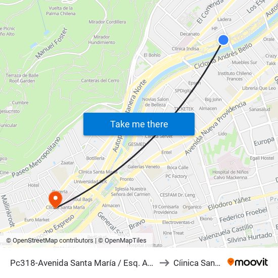 Pc318-Avenida Santa María / Esq. Av. Pedro De Valdivia to Cíinica Santa María map