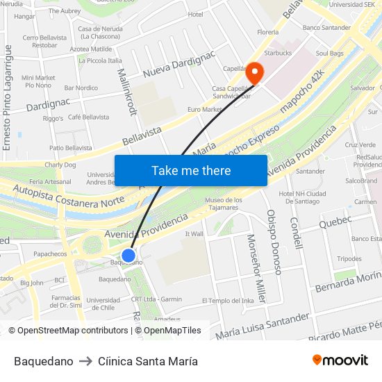Baquedano to Cíinica Santa María map