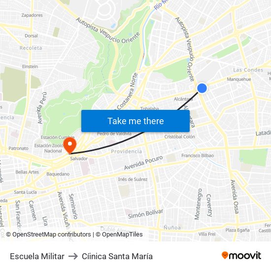 Escuela Militar to Cíinica Santa María map