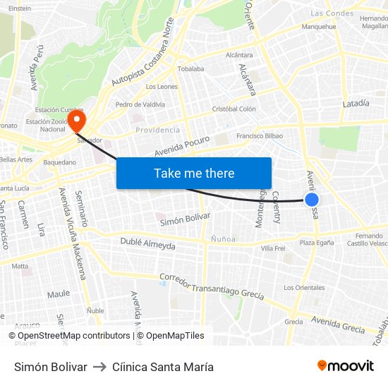 Simón Bolivar to Cíinica Santa María map