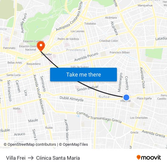 Villa Frei to Cíinica Santa María map