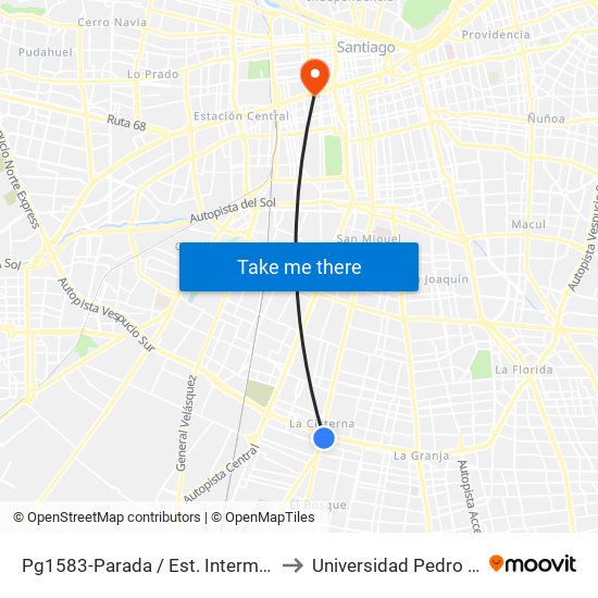 Pg1583-Parada / Est. Intermodal La Cisterna to Universidad Pedro De Valdivia map