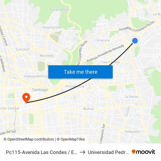 Pc115-Avenida Las Condes / Esq. Psje. Las Condes to Universidad Pedro De Valdivia map