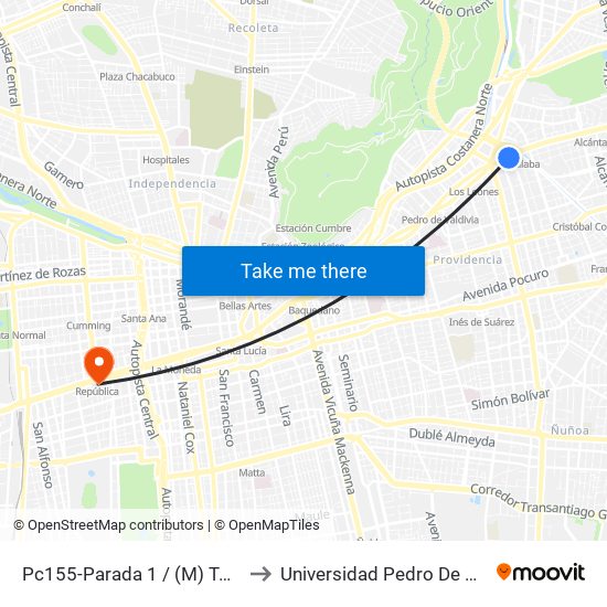 Pc155-Parada 1 / (M) Tobalaba to Universidad Pedro De Valdivia map