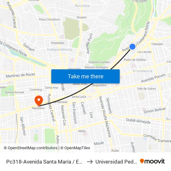 Pc318-Avenida Santa María / Esq. Av. Pedro De Valdivia to Universidad Pedro De Valdivia map