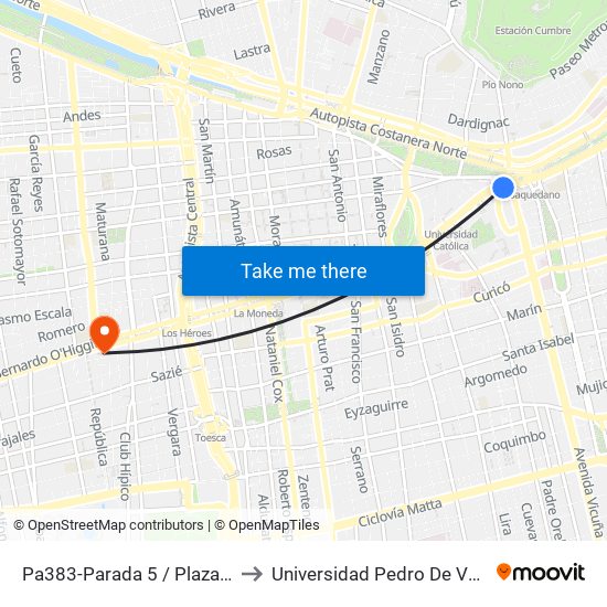 Pa383-Parada 5 / Plaza Italia to Universidad Pedro De Valdivia map