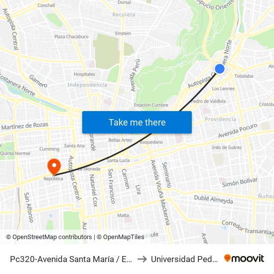 Pc320-Avenida Santa María / Esq. Puente Los Leones to Universidad Pedro De Valdivia map